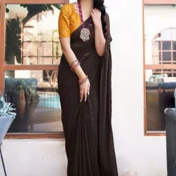 Satrani Brown Striped Saree With Unstitched Blouse image 1
