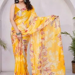 MIRCHI FASHION Mustard Floral Print Saree With Unstitched Blouse image 1