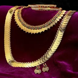 Zeneme Gold Plated Red Stone Studded Temple Jewellery Set-picture-40