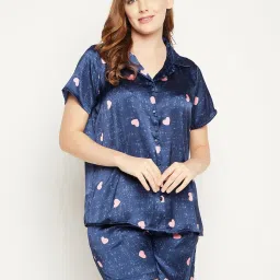 Clovia Navy Graphic Print Shirt Shorts Set image 1