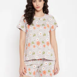 Clovia Grey Cotton Printed Top Shorts Set image 1