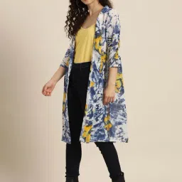 Qurvii Navy & Yellow Floral Print Long Shrug image 3