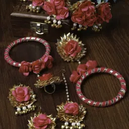 Zeneme Gold Plated Floral Beaded Haldi Mehendi Jewellery Set-picture-21
