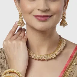 Zeneme Gold Plated Off White Stone Studded Beaded Temple Jewellery Set-picture-32