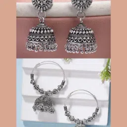 NVR Silver Oxidized Jhumki Earrings Set of 2-picture-13