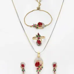 Zeneme Red & Green Alloy Gold Plated Studded Jewellery Set image 4