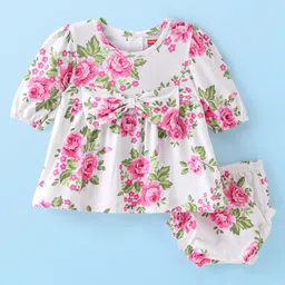 Babyhug Preemie Cotton Knit Full Sleeves Frock with Floral Print & Bloomer - White-picture-27