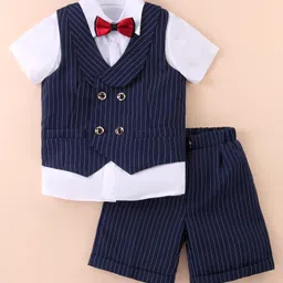 Kookie Kids Half Sleeves Striped 3 Piece Party Suit with Bow -White & Blue-picture-10