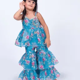Twisha Sleeveless Floral Printed Layered Sequins & Lace Embellished Top With Sharara - Blue-picture-24
