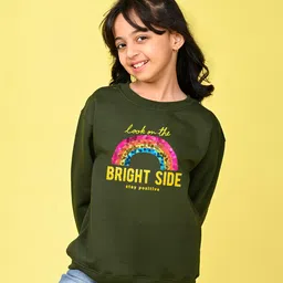 NUSYL Fleece Full Sleeves Look On The Bright Side Text Printed Oversized Sweatshirt - Olive Green-picture-10