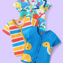 Babyhug 100% Cotton Knit Half Sleeves Front Open Striped Vests with Dino Print Pack of 3 - Blue Yellow & Red-picture-18