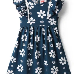 Babyhug 100% Cotton Frill Sleeves Floral Printed Frock With Lace Detailing - Navy Blue-image-7