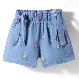 Babyhug Denim Mid Thigh Shorts With Floral Embroidery - Blue-picture-27