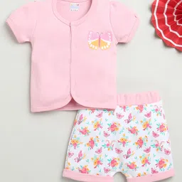 BUMZEE Cotton Half Sleeves Floral & Butterflies Printed Jhabla & Shorts Set - Pink & White-image-89