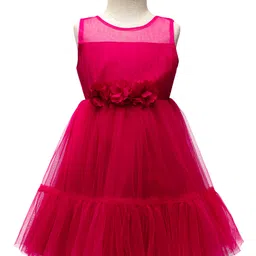 Babyhug Woven Sleeveless Mesh Party Dress With Floral Corsage - Dark Pink-image-66