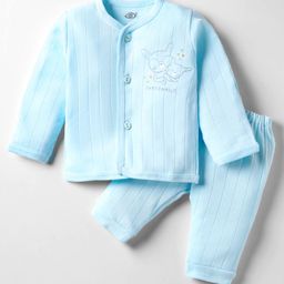Zero Knitted Full Sleeves Animal Printed Front Open Night Suit - Light Blue-picture-48