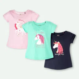 Ariel Cotton Knit Pack Of 3 Half Sleeves Unicorn & Typography Printed Tops - Pink Green & Navy Blue-picture-22