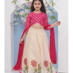 Bitiya By Bhama Silk Woven Three Fourth Sleeves Floral Printed Threadwork Embroidered & Gota Lace Embellished Lehenga Choli With Dupatta Set - Pink-picture-12