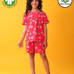 Anthrilo 100% Organic Cotton Knit Half Sleeves Cherry Printed Tee & Coordinating Shorts Set - Red-picture-36