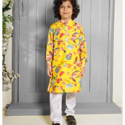 Ministitch Cotton Woven Full Sleeves Floral & Birds Printed Kurta Pyjama Set - Yellow-picture-20