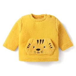 Babyhug Woven Full Sleeves Fur Winter Wear T-Shirt & Joggers Set with Bear Embroidery & Kangaroo Pockets -Yellow image 2