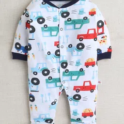 BUMZEE Cotton Pack Of 3 Full Sleeves Striped & Cars Printed Footed Sleepsuits - Navy Blue & White image 3