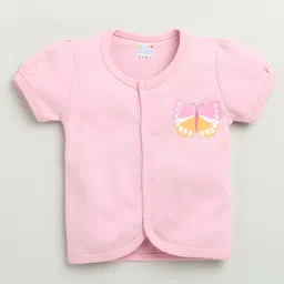 BUMZEE Cotton Half Sleeves Floral & Butterflies Printed Jhabla & Shorts Set - Pink & White image 3