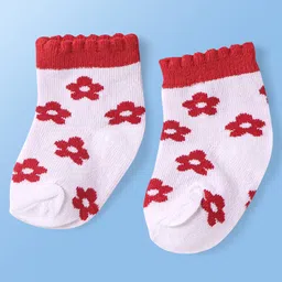 Doodle Poodle Knit Ankle Length Socks with Bunny & Floral Design & Stripes Pack of 5 - White & Red image 3