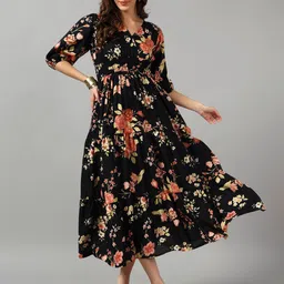 Krunal Raiyani Women Floral Printed V-Neck Puff Sleeves Smocked Fit And Flare Midi Dress-image-29
