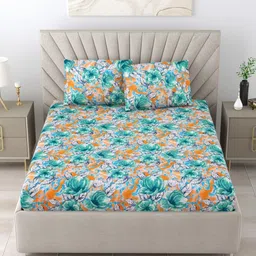 BOMBAY DYEING Green & Orange Floral 104 TC Queen Bedsheet with 2 Pillow Covers image 4