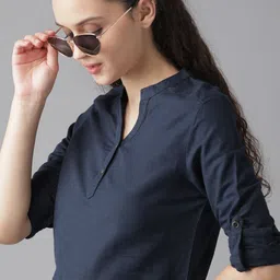 Roadster Navy Blue Solid Mandarin Collar Roll-Up Sleeves Shirt Style Top image 3