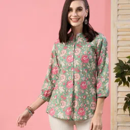 Odette Green Cotton Floral Print A Line Kurti image 1