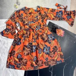 Bella Moda Kids Orange & Blue Cotton Floral Print Full Sleeves Dress-picture-32