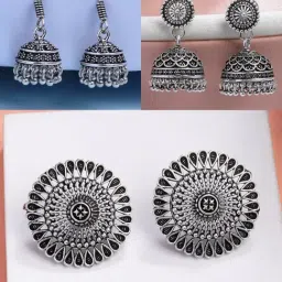 NVR Silver Oxidized Jhumki Earrings Set of 3-image-25