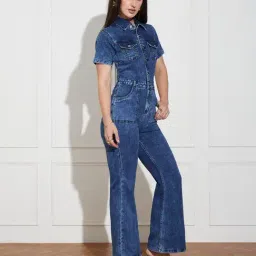 Miss Chase Navy Blue Denim Solid Jumpsuit image 3
