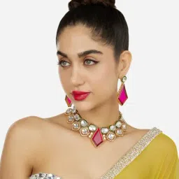 Zaveri Pearls Pink Stone Green Meenakari Austrian Diamonds Necklace & Earring Set-ZPFK18062-image-86