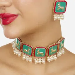 Zaveri Pearls Mint Green & Pink Meenakari Reindeer Choker Necklace & Earring Set-ZPFK18082-image-47
