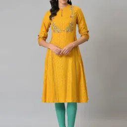 W Mustard Printed A Line Kurta-picture-17