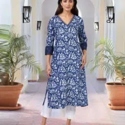 Folksong Blue Cotton Regular Fit Printed Kurta-picture-19