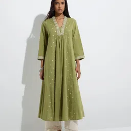 Utsa by Westside Olive Mirror Embroidered Cotton A-Line Kurta image 1