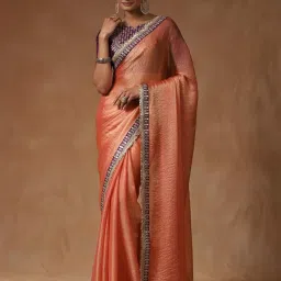 Saree Mall Peach Chiffon Embellished Saree with Blouse Piece image 1