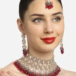 Zaveri Pearls Rani Pink Green Crystal Stones Cluster Beads Necklace Earring Maangtikka Set-ZPFK18209-image-58