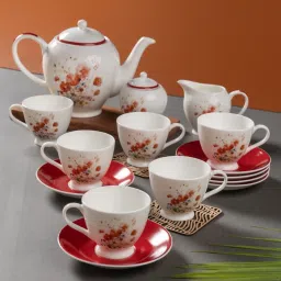 Clay Craft Printed Red Ceramic Tea Set of 15 image 1
