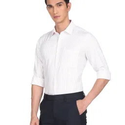 Arrow White And Orange Cotton Regular Fit Striped Shirt image 3