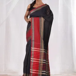 Unnati Silks Black & Red Cotton Woven Saree With Unstitched Blouse image 1