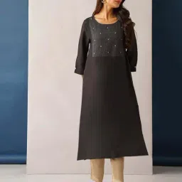 Jaypore Black Kantha Embroidered Straight Fit Kurta image 3