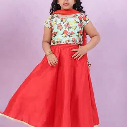 BIBA Girls Turquoise & Red Floral Print Blouse, Lehenga with Dupatta image 1