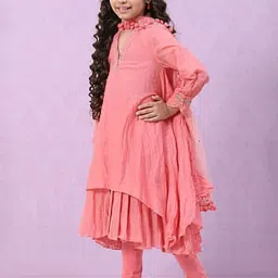 BIBA Girls Coral Solid Full Sleeves Kurta, Churidar with Dupatta image 3