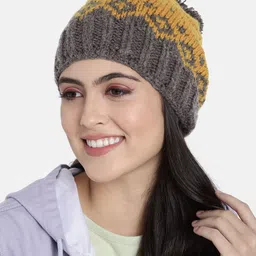 Magic Needles Unisex Yellow & Taupe Self Design Beanie image 1