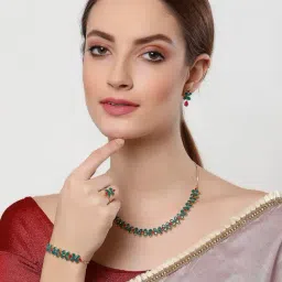 Zeneme Green Red Flower Shaped Gold Plated AD Studded Jewellery Set image 2